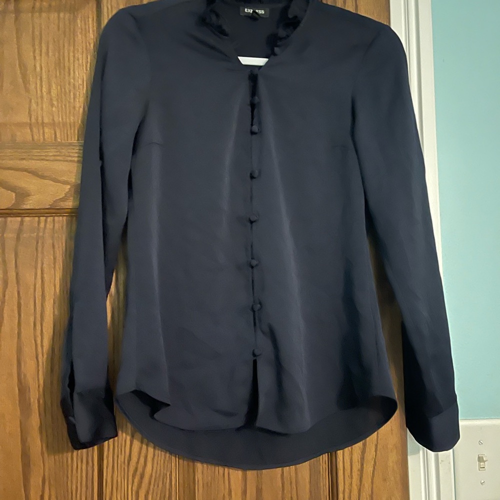 Express Navy Blue Ruffled Long Sleeve Blouse